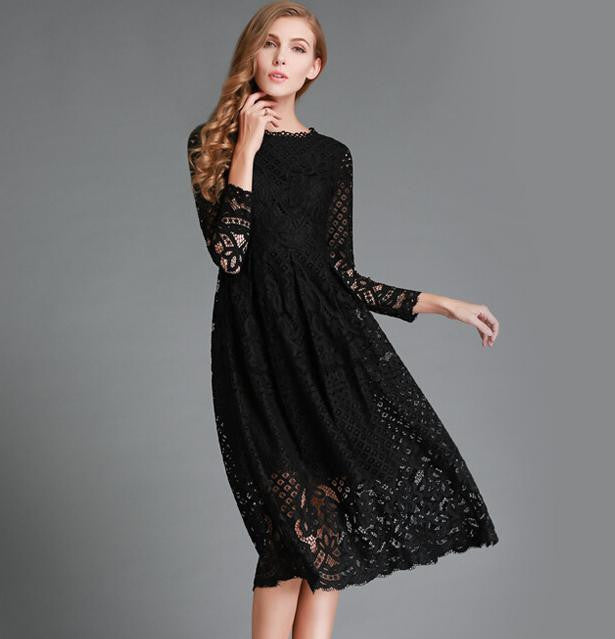 European Spring Women's Lace Hollow Out Long Dresses Bohemian Femme Casual Clothing Women Slim Party Dress Vestido