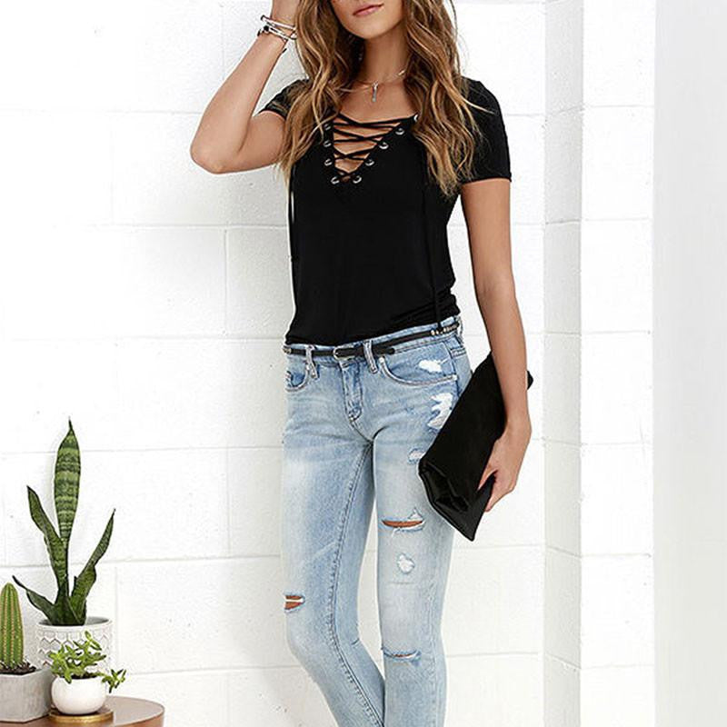 Fashion Women V Neck Loose Pullover T Shirt Short Sleeve Tops