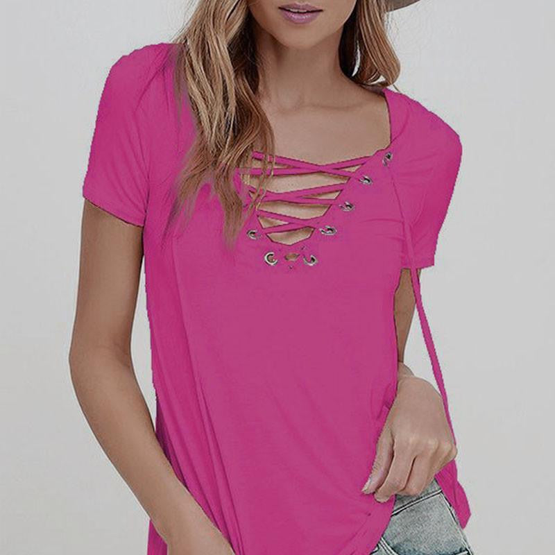 Fashion Women V Neck Loose Pullover T Shirt Short Sleeve Tops