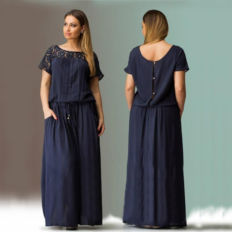 Short Sleeve Lace Summer Autumn Dress Women Big Plus Size Long Maxi Party Vintage 5XL 6XL Loose Vacation Hollow Blue Unique