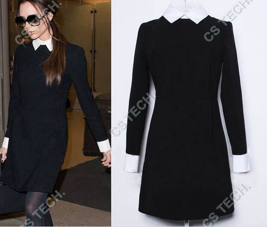 Online discount shop Australia - Fashion Star Style Victoria Beckham Dress Slim Elegant Turn-down Collar Long Sleeve Black Dresses for Women