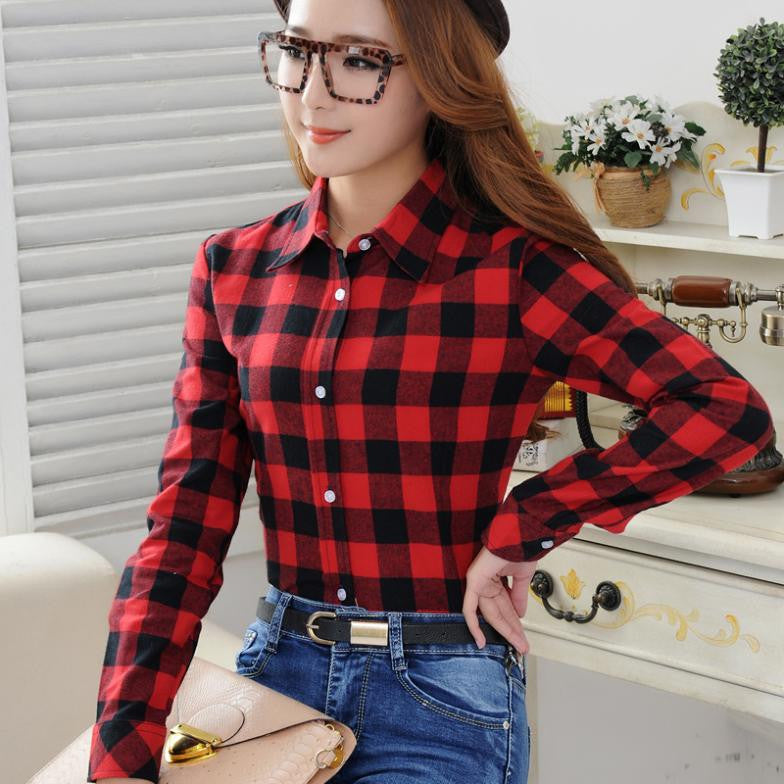 Fashion Casual Lapel Plus Size Blouses women plaid shirt Checks Flannel Shirts Female Long Sleeve Tops Blouse