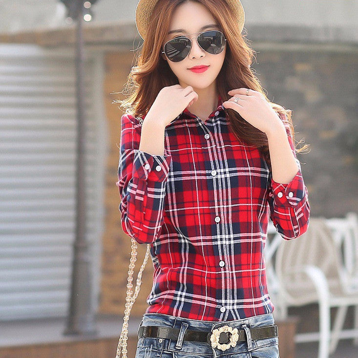 Fashion Casual Lapel Plus Size Blouses women plaid shirt Checks Flannel Shirts Female Long Sleeve Tops Blouse