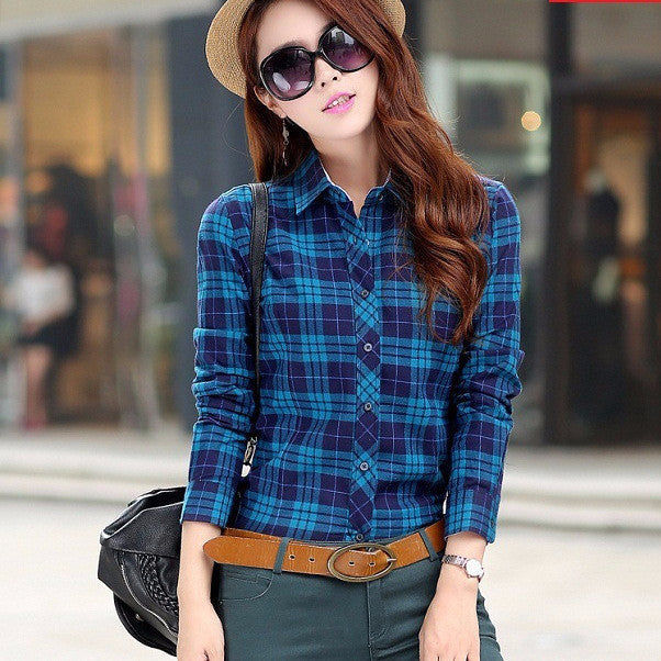 Fashion Casual Lapel Plus Size Blouses women plaid shirt Checks Flannel Shirts Female Long Sleeve Tops Blouse