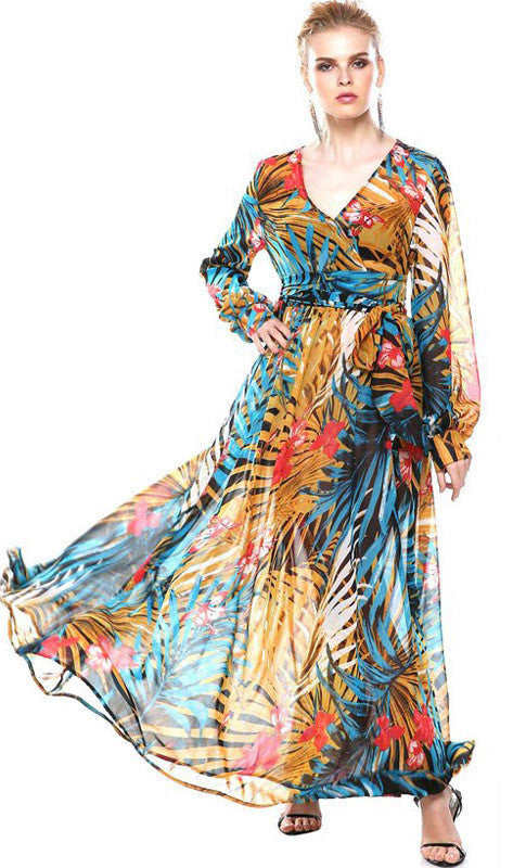 Online discount shop Australia - ACEVOG Brand Women Ladies Summer Autumn Loose Casual V-Neck Chiffon Long Maxi Beach Chiffon Dress Vestidos Longo