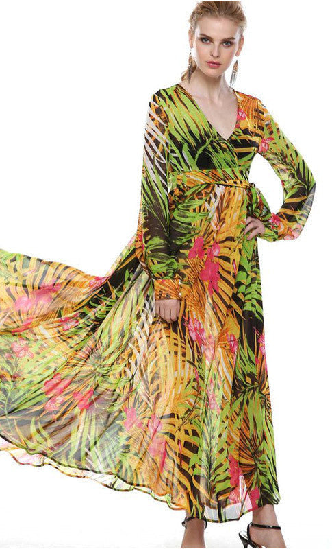 Online discount shop Australia - ACEVOG Brand Women Ladies Summer Autumn Loose Casual V-Neck Chiffon Long Maxi Beach Chiffon Dress Vestidos Longo