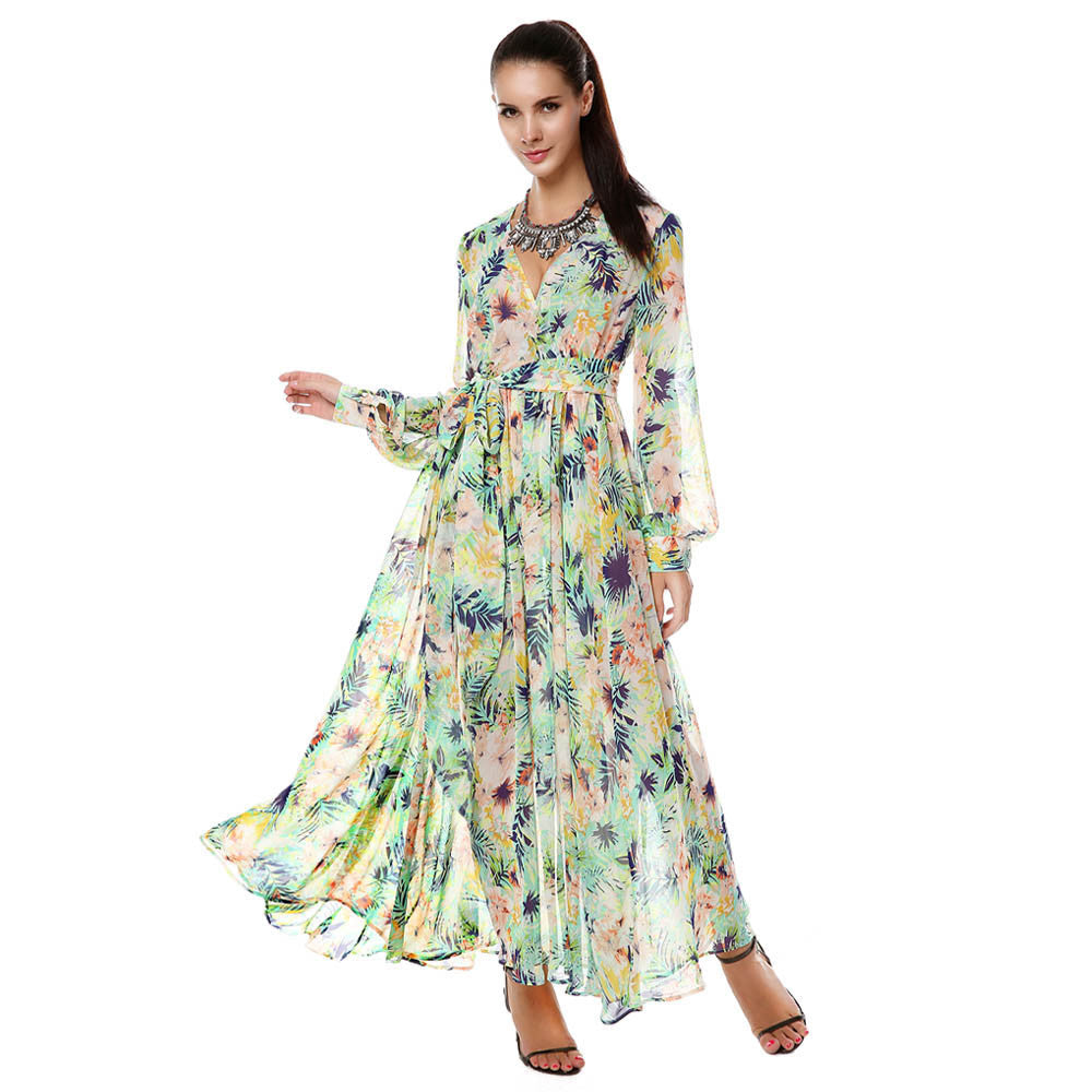 Online discount shop Australia - ACEVOG Brand Women Ladies Summer Autumn Loose Casual V-Neck Chiffon Long Maxi Beach Chiffon Dress Vestidos Longo