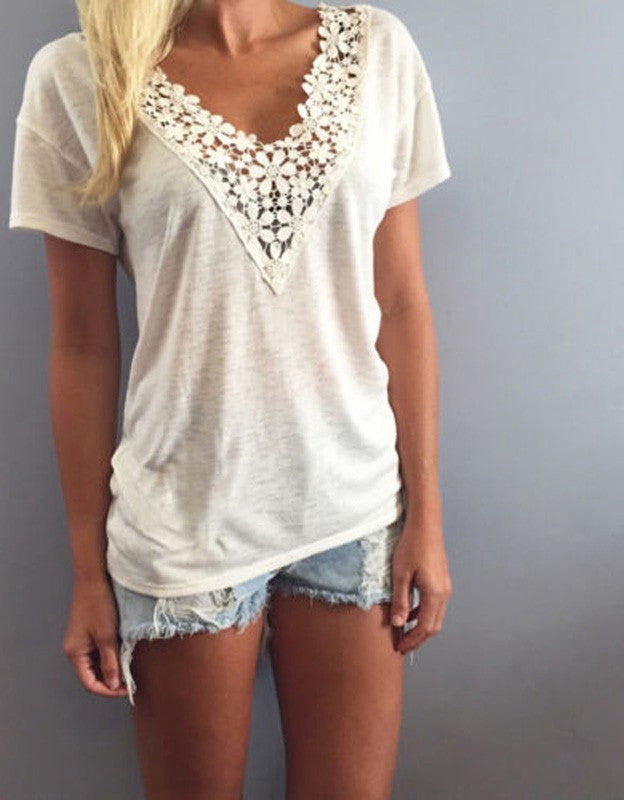 Online discount shop Australia - European Style  Women Fashion Short Sleeve Lace Flower V Neck White Shirts Casual Slim Basic Blouse Top