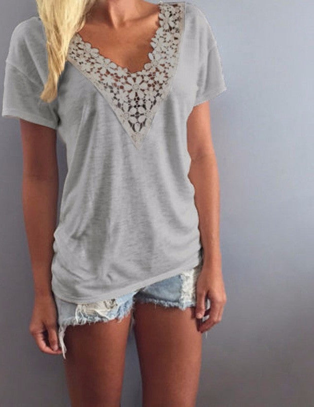 Online discount shop Australia - European Style  Women Fashion Short Sleeve Lace Flower V Neck White Shirts Casual Slim Basic Blouse Top