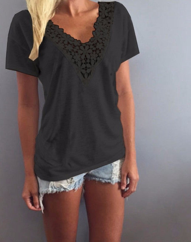 Online discount shop Australia - European Style  Women Fashion Short Sleeve Lace Flower V Neck White Shirts Casual Slim Basic Blouse Top