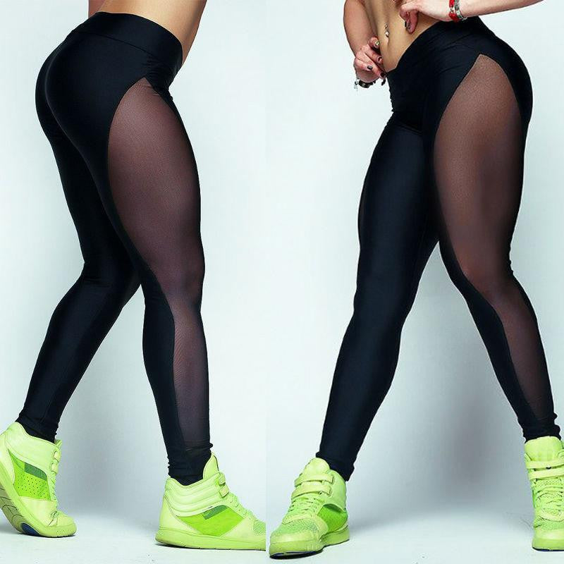 Women Slim Fitted Stretch Gauze Splicing Mesh Pants Trousers Ladies High Waist Solid Leggings