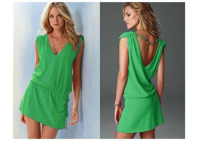 women loosebeach dress sleeveless v neck backless cotton plus size elastic waist slim casual dress vestidos sexy