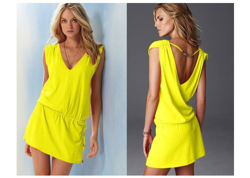 women loosebeach dress sleeveless v neck backless cotton plus size elastic waist slim casual dress vestidos sexy