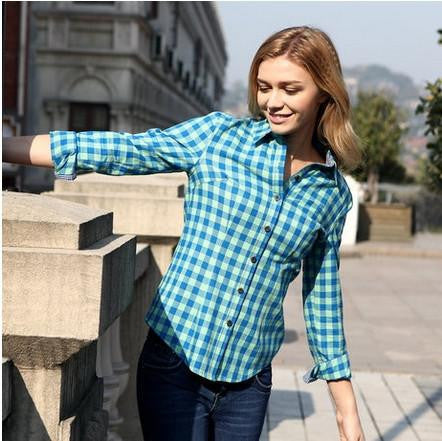 Women's Plaid Shirt Fashion Tops Slim Fit Casual Cotton Blouse