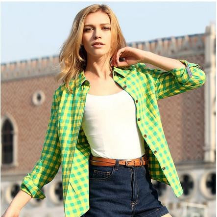 Women's Plaid Shirt Fashion Tops Slim Fit Casual Cotton Blouse