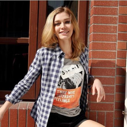 Women's Plaid Shirt Fashion Tops Slim Fit Casual Cotton Blouse
