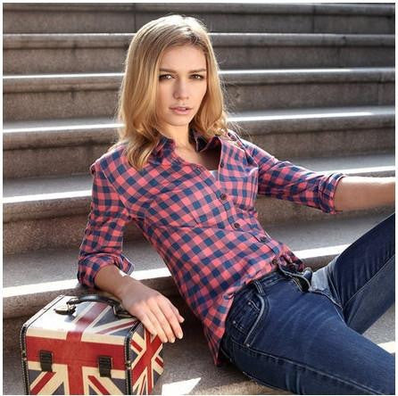 Women's Plaid Shirt Fashion Tops Slim Fit Casual Cotton Blouse