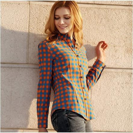 Women's Plaid Shirt Fashion Tops Slim Fit Casual Cotton Blouse