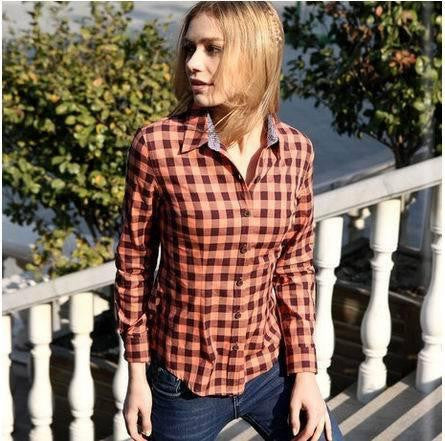 Women's Plaid Shirt Fashion Tops Slim Fit Casual Cotton Blouse