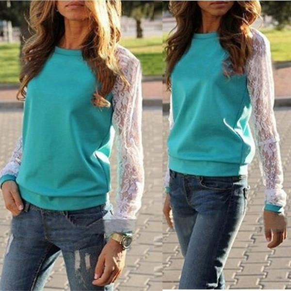 Women Lace Blouse Casual Crochet Patchwork Long Sleeve Slim Shirts Tops Plus Size S-XXXL