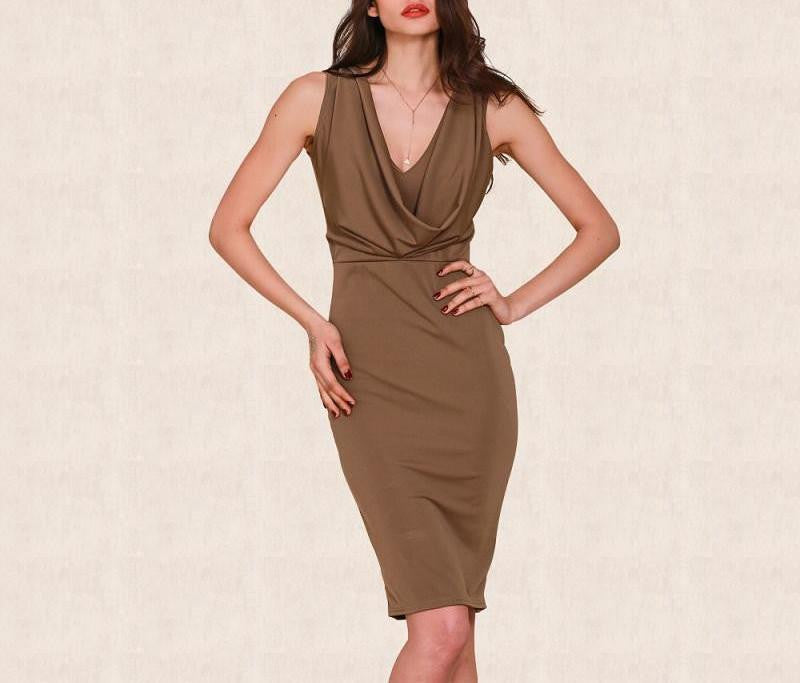 Simplee Apparel spring deep v neck women bodycon dresses Sleeveless draped knee length summer dress Casual dress vestidos