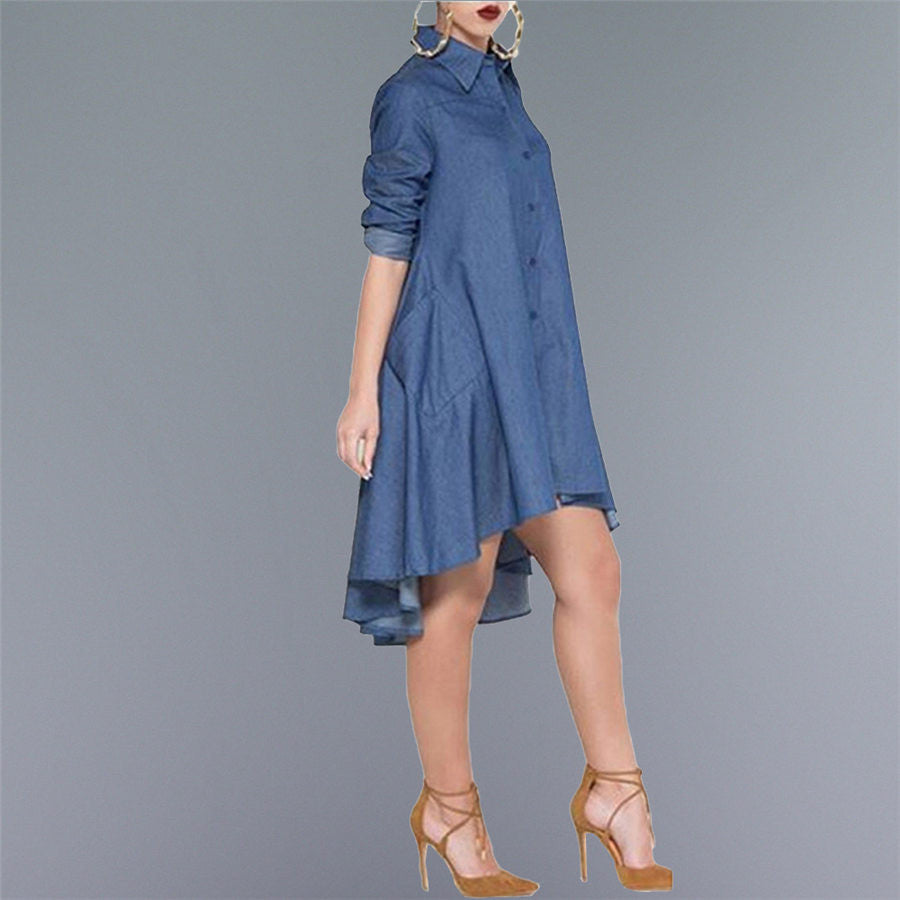 Online discount shop Australia - Elegant Casual Style Women Loose Dress Fashion Turn Down Neck Long Sleeve Denim Jeans Lady Shirt Dresses