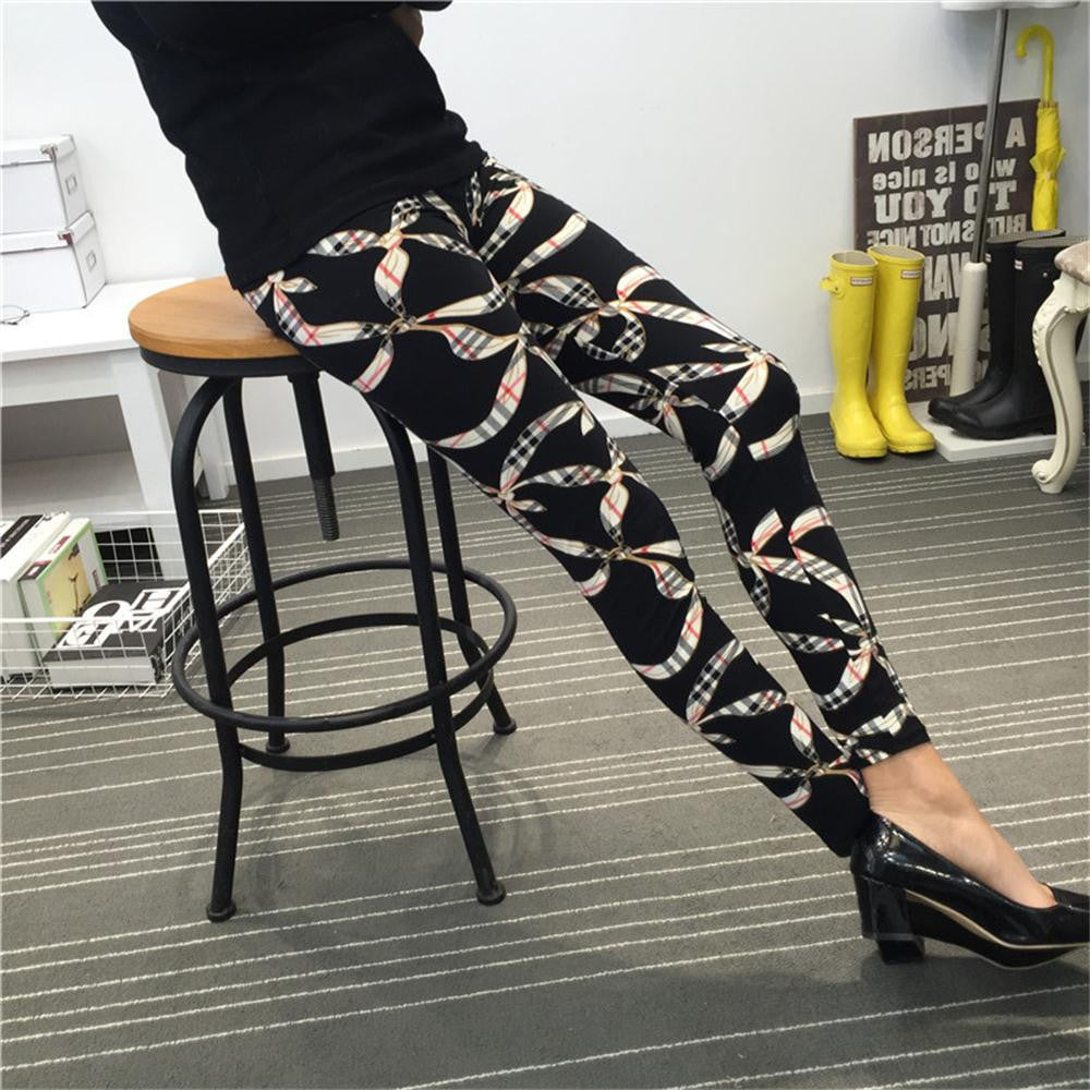 Women Leggings Ninth Casual Pants Plaid Flowers Print Fitness Leggings Women Slim Leggings Flower Leggins