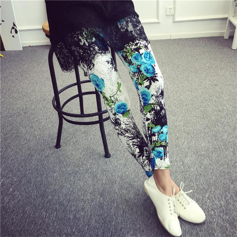Women Leggings Ninth Casual Pants Plaid Flowers Print Fitness Leggings Women Slim Leggings Flower Leggins