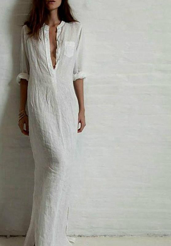 Vestidos ZANZEA Women Retro Long Dress Elegant Ladies Long Sleeve Deep V Neck Long Line Split Solid Floor-length Dress