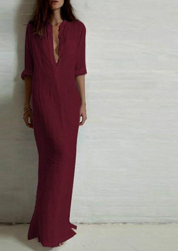 Vestidos ZANZEA Women Retro Long Dress Elegant Ladies Long Sleeve Deep V Neck Long Line Split Solid Floor-length Dress