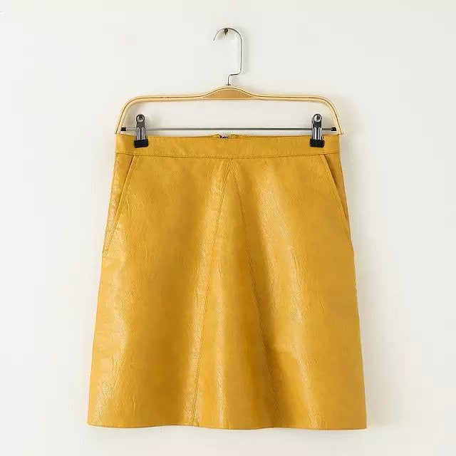 PU faux leather women skirt pink yellow black back zipper