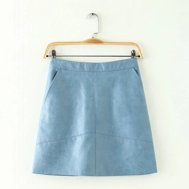 PU faux leather women skirt pink yellow black back zipper