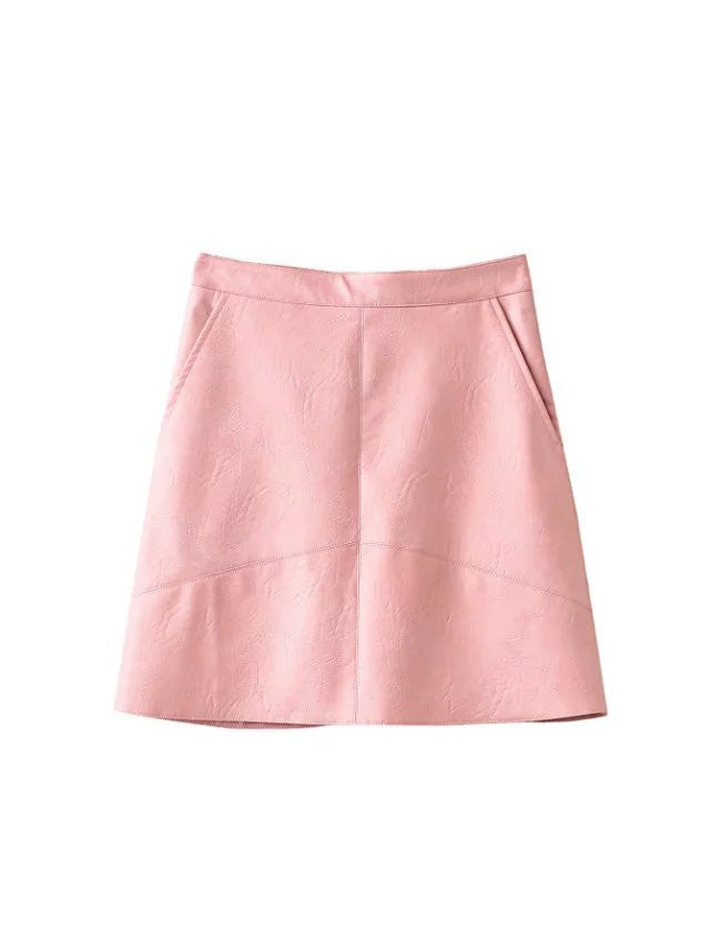 PU faux leather women skirt pink yellow black back zipper