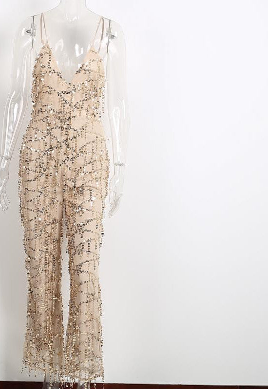 Gold sequin tassel elegant jumpsuit romper sexy mesh club overalls Women v neck sling playsuit