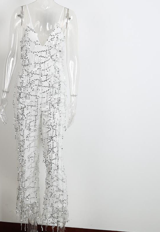 Gold sequin tassel elegant jumpsuit romper sexy mesh club overalls Women v neck sling playsuit