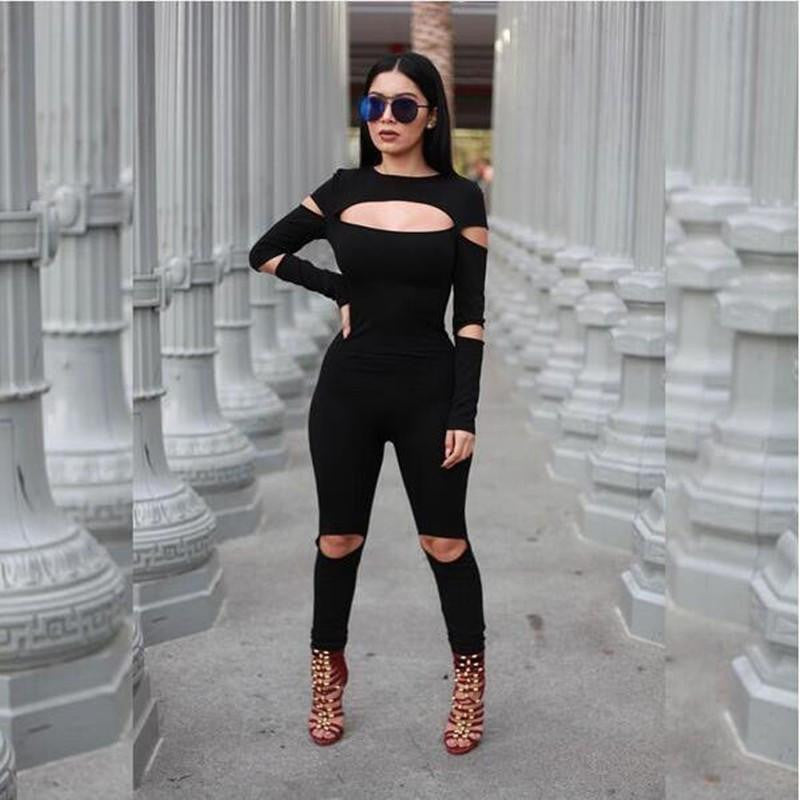 Women Bodycon Jumpsuit Long Sleeve Hollow Out Fahion Club Overalls Bodysuit Rompers Womens Jumpsuits