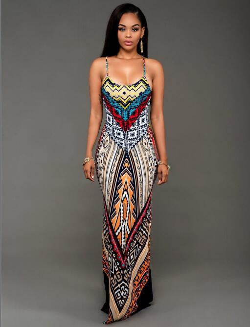 Robe Long Dresses Sleeveless Backless Two Front Splits Spaghetti Strap Slit Design Printed Maxi Summer Women Dress