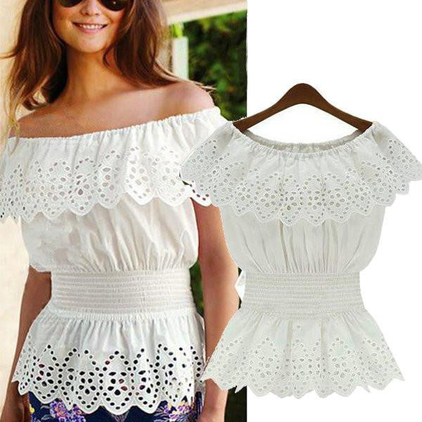 Women Slash Neck Casual Blouse Top Strap Off Shoulder Lace Ruffles Elastic Waist Tunic Shirts