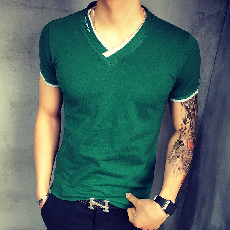 men's short-sleeved V-neck Solid color T-shirt men short Large size t shirt homme M-3XL