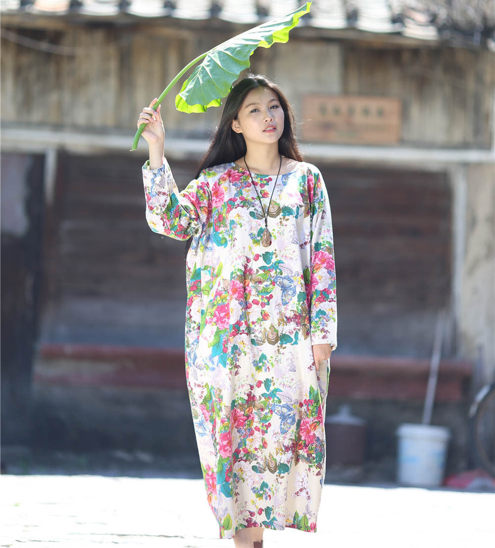 Online discount shop Australia - Dress O-neck Flower Print with Butterfly Loose Casual Linen Dresses Vintage Women Dress Vestidos S36