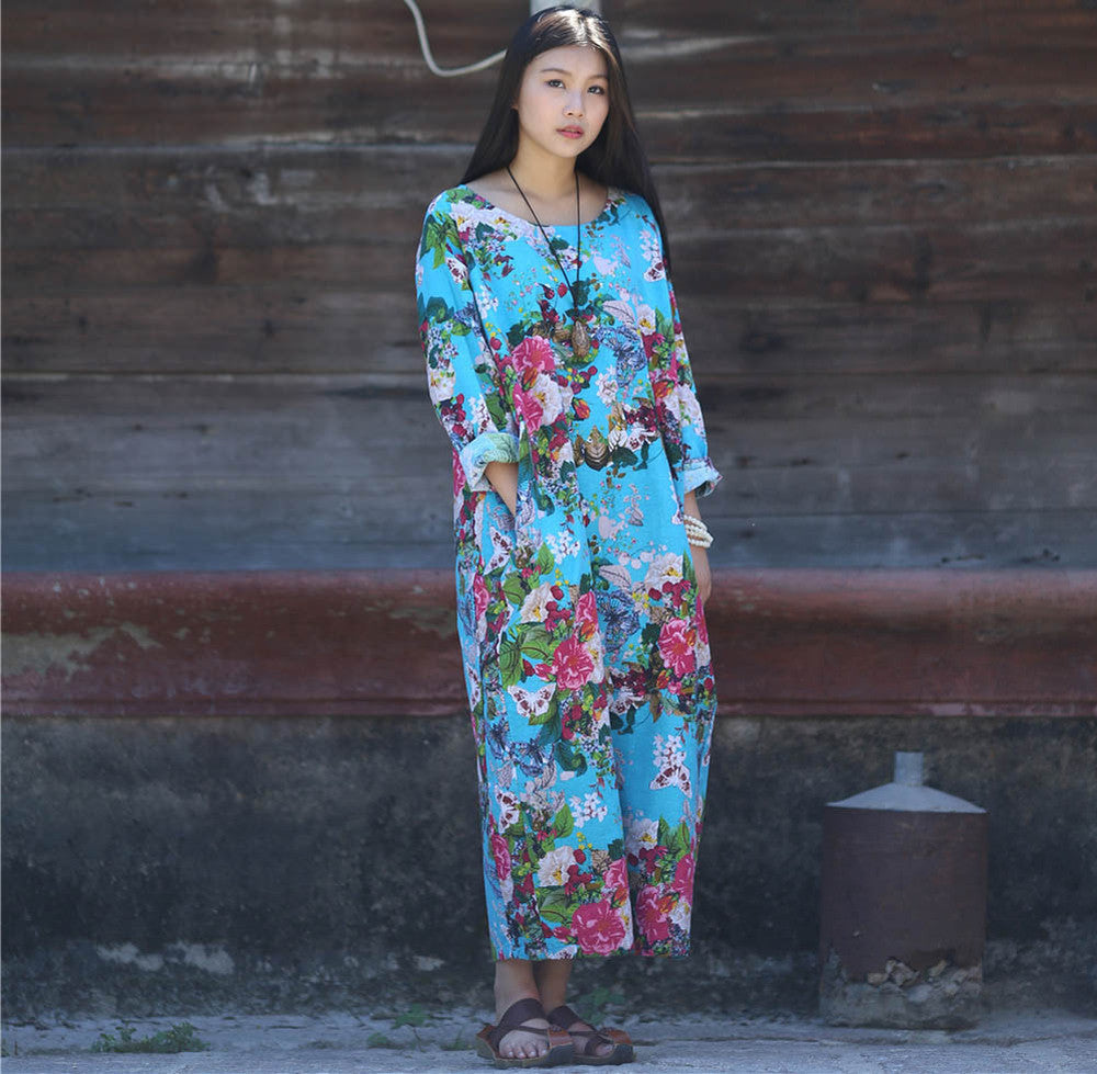 Online discount shop Australia - Dress O-neck Flower Print with Butterfly Loose Casual Linen Dresses Vintage Women Dress Vestidos S36