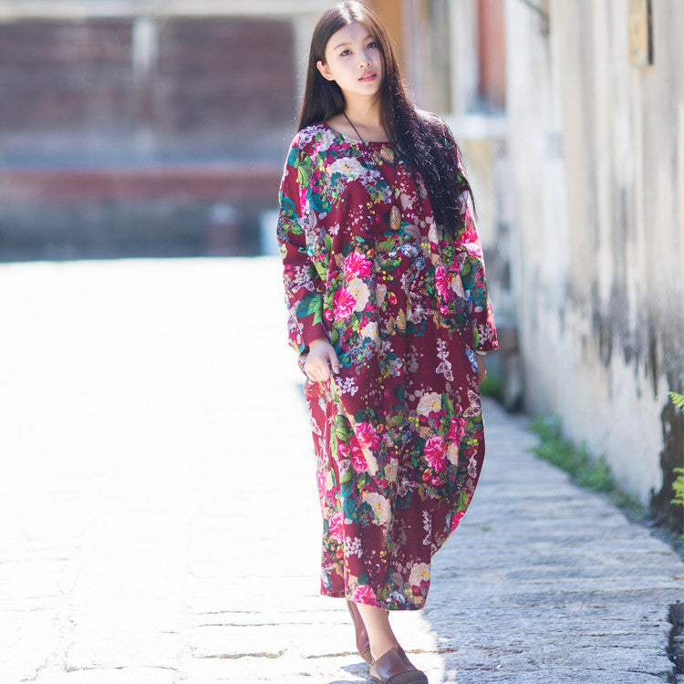 Online discount shop Australia - Dress O-neck Flower Print with Butterfly Loose Casual Linen Dresses Vintage Women Dress Vestidos S36