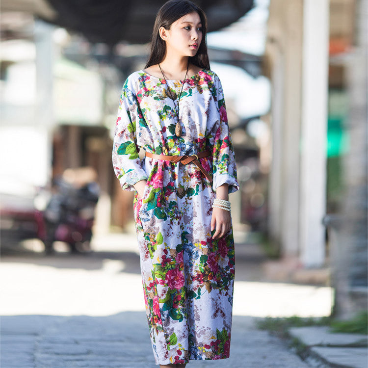 Online discount shop Australia - Dress O-neck Flower Print with Butterfly Loose Casual Linen Dresses Vintage Women Dress Vestidos S36