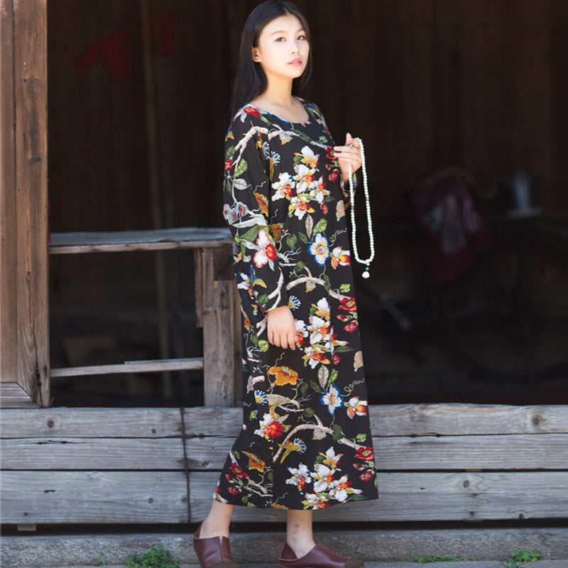 Online discount shop Australia - Dress O-neck Flower Print with Butterfly Loose Casual Linen Dresses Vintage Women Dress Vestidos S36