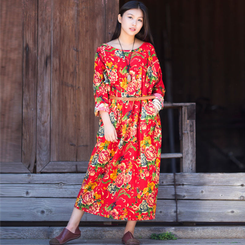 Online discount shop Australia - Dress O-neck Flower Print with Butterfly Loose Casual Linen Dresses Vintage Women Dress Vestidos S36