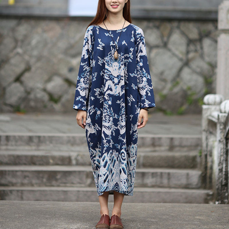 Online discount shop Australia - Dress O-neck Flower Print with Butterfly Loose Casual Linen Dresses Vintage Women Dress Vestidos S36