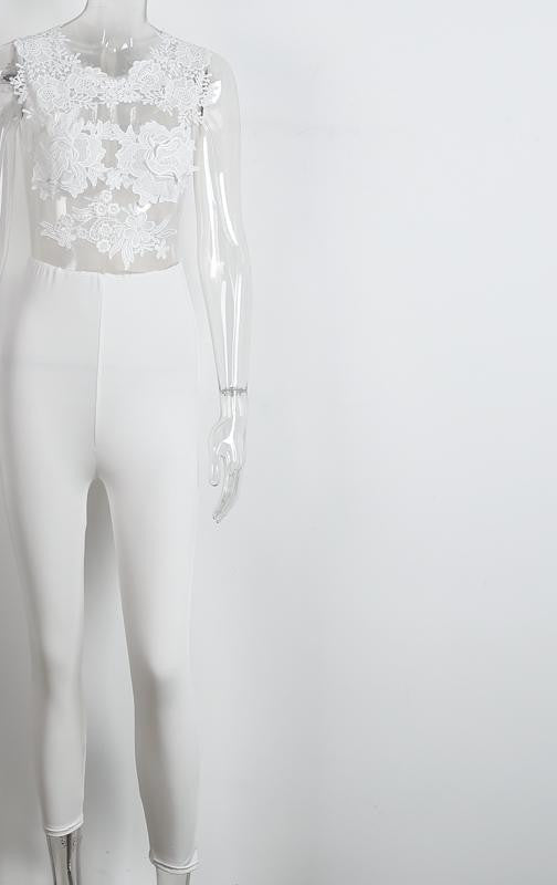 Online discount shop Australia - Glamaker floral sheer lace sexy jumpsuit women Elegant zipper fitness jumpsuit romper party long pants overalls