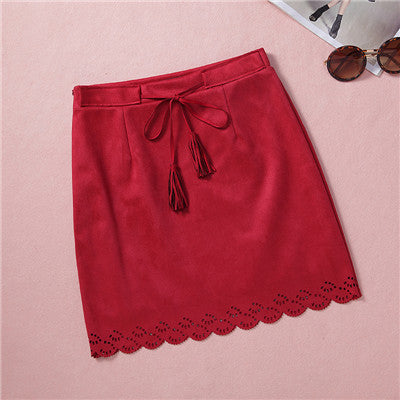 Online discount shop Australia - bodycon soft Suede Skirt Ethnic Style retro Hollow Out High Waist Skirts with Sashes Retro
