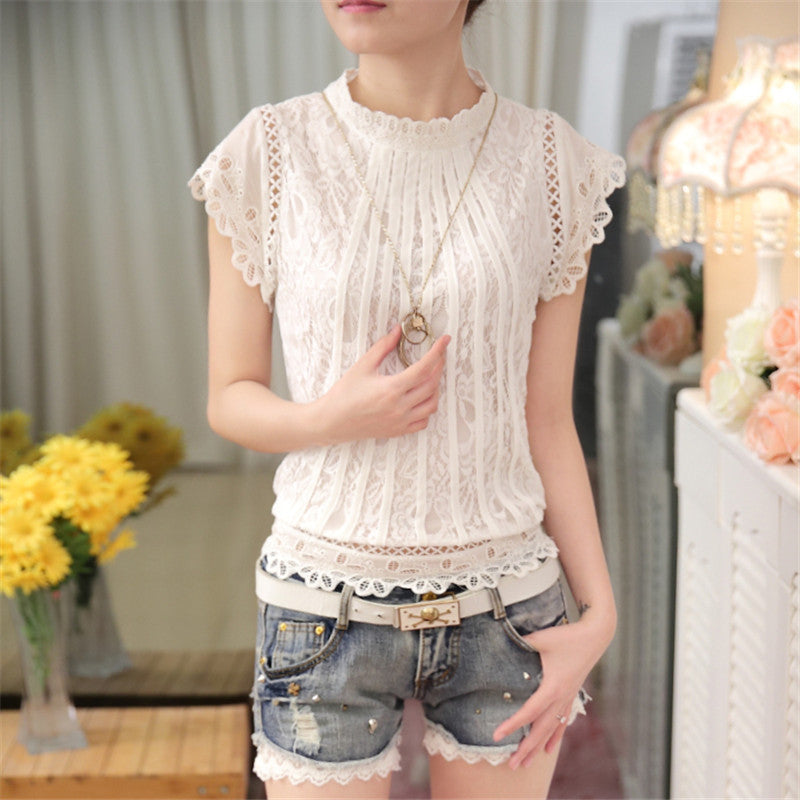 Fashion Style Women Blouses Loose Short Petal Sleeve Floral Lace Tops Chiffon O-neck Plus Size Shirt Tops 01C 35