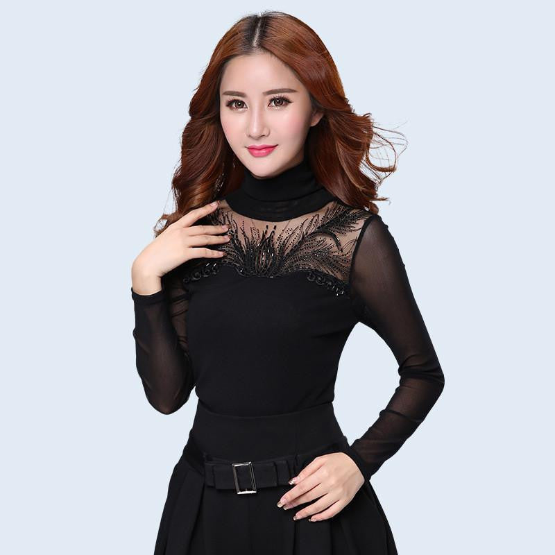 women lace tops Fashion Casual Long sleeved Women blouse shirt Turtleneck Diamonds lace shirt plus size